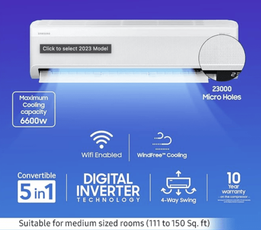 Samsung 1.5 Ton 5 Star Wi-fi Enabled, Wind-Free Technology Inverter Split AC (Copper, Convertible 5-in-1 Cooling Mode, Anti-Bacteria, 2023 Model AR18CYNANWK White) - Image 2